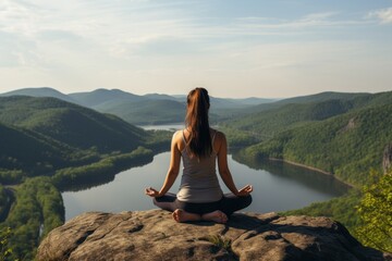 Naklejka na ściany i meble A woman does yoga against the backdrop of mountains and sky. Healthy lifestyle concept