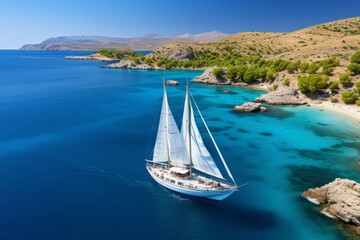 Top view of a boat sailing on the blue sea. Travel, freedom concept