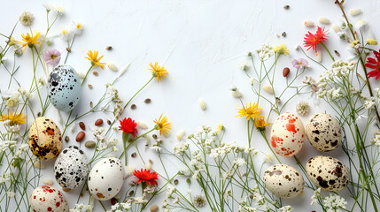 Easter composition of colorful quail eggs and spring background, generative Ai - obrazy, fototapety, plakaty