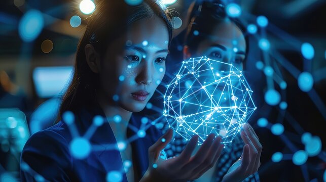 Businesswomen collaboratively shaping the future with their hands holding innovative icons representing teamwork, strategy, and achievement