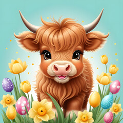 Cute Highland Cow Easter Illustration