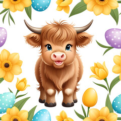 Cute Highland Cow Easter Illustration