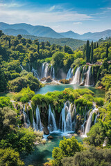 Aerial view of beautiful cascading waterfalls