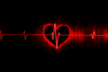 Beating heart on red and black, sequence of pulse line illustration, medical and cardiology background with copy space. 