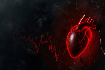 Beating heart on red and black, sequence of pulse line illustration, medical and cardiology background with copy space. 