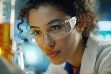 Young female biochemist examining liquid in test tube while working in lab