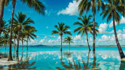 Palm trees on blue sky background - obrazy, fototapety, plakaty