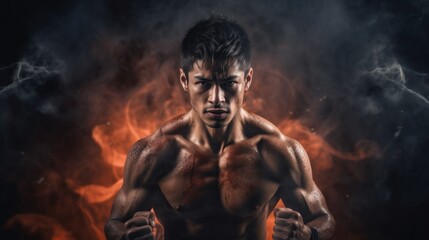 Portrait of a strong, pumped-up athletic Boxer man ready to strike looking at the camera on a black background with smoke and fire. Competitions, Sports, Energy, Training concepts.