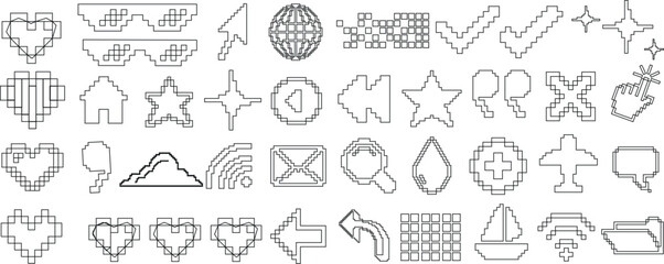 Pixel line icons, technology, nature, communication themes