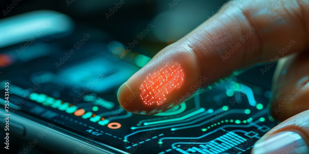 Aufkleber Biometric Identification in a High-Tech Future: A Finger Glows with Intricate Circuit Patterns Signaling Advanced Security Technology, Generative AI
