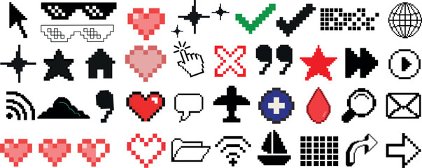 Pixel icon set, ideal Pixelated icon for digital design, web development, gaming interfaces. Features hearts, stars, arrows, tech elements. Retro aesthetic appeal, versatile asset, wide symbol range