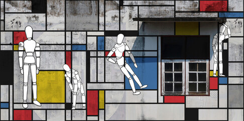 Naklejka premium Modern colorful wooden figure and windows building close up light and shadow Minimal art style.