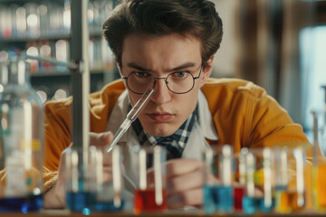 Young male biochemist examining liquid in test tube while working in lab