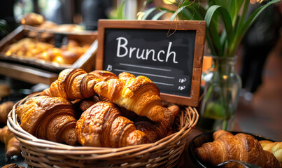 Freshly baked croissants in a wicker basket with a Brunch signboard in a cozy cafe atmosphere, inviting for a weekend gourmet experience - obrazy, fototapety, plakaty