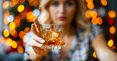 Woman decisively refusing an alcoholic drink, emphasizing sobriety with a stop gesture, against a backdrop of warm bokeh lights symbolizing a cozy evening atmosphere