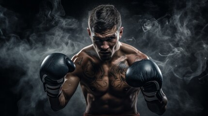 Fototapeta na wymiar Portrait of a strong, pumped-up athletic Boxer man ready to strike with gloves looking at the camera on a black background with smoke. Competitions, Sports, Energy, Training, Healthy lifestyle concept