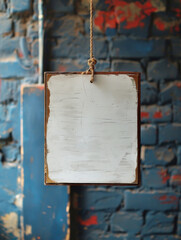 Blank hanging wooden sign in front of an old brick wall with room for custom text