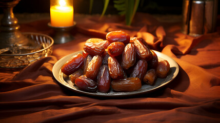 Organic Dried Dates In Traditional Arabic Golden Plate Holy Month Ramadan Concept Top View Background, iftar tradation

