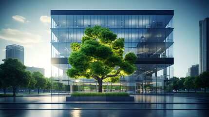 The building is designed to be a glass building with a tree in the middle.tree integration, modern urban design, transparent architecture, 
