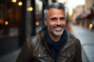 Portrait of a handsome middle-aged man in a city street - obrazy, fototapety, plakaty