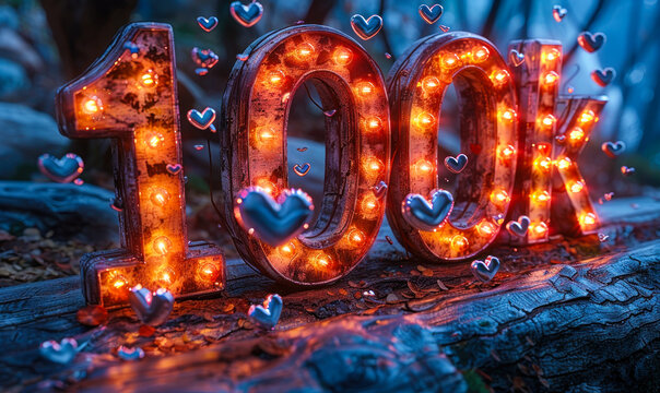Celebratory 100k sign glowing with festive lights and floating hearts, symbolizing a milestone of 100,000 followers or likes in social media