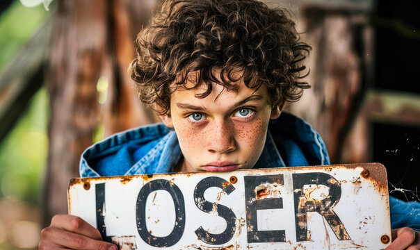 Portrait of a young individual peering over a sign with the word LOSER, depicting themes of failure, self-deprecation, and the impact of negative labeling