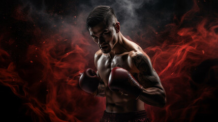 Fototapeta na wymiar A heavily muscled athletic Male Boxer in gloves looks at the camera on an abstract dark black red background. Competitions, Sports, Energy, Training, Healthy lifestyle concepts.