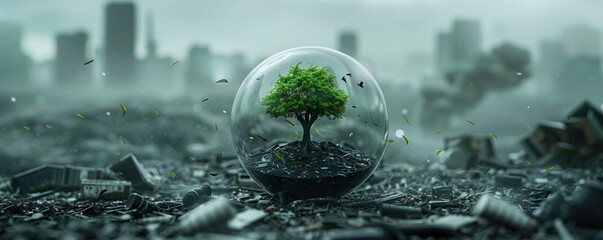 A tree in a glass sphere surrounded by Garbage on the cityscape  background - represents pollution and new hope - obrazy, fototapety, plakaty