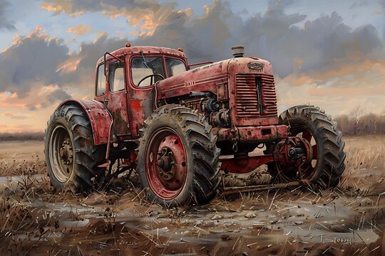 moody vintage farmhouse style oil painting features tractor in the farmer field wall art