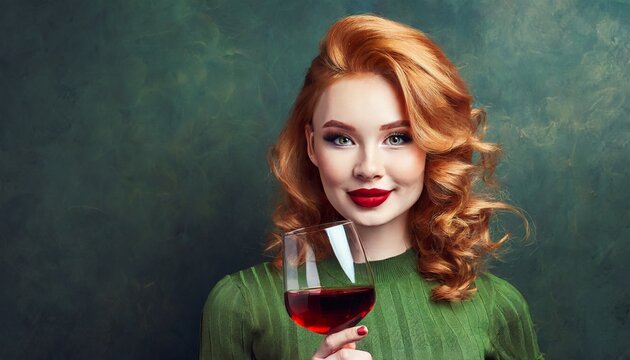 woman with blond hairstyle and modern makeup with glass of red wine, champagne.
