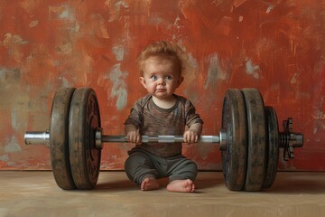Tiny Titan: A pint-sized powerhouse conquers gravity, lifting Herculean weights effortlessly. Witness the adorable might against a brooding backdrop.