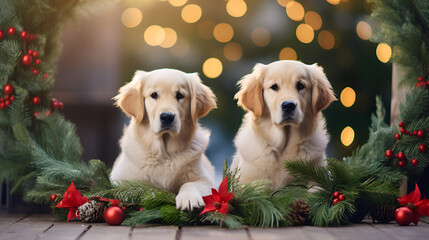 golden retriever with christmas decorations background,