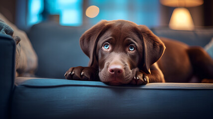 chocolate labrador retriever puppy with sad eyes on blue sofa,