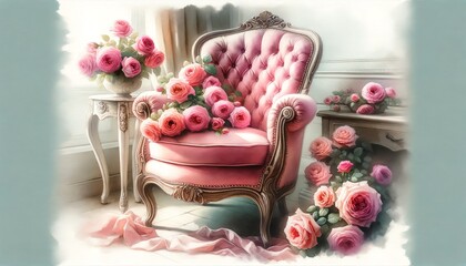 Watercolor of Vintage pink chair adorned with roses