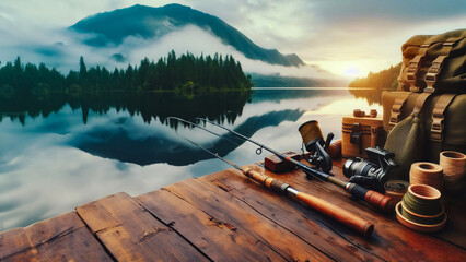 Lakefront Preparations: Fishing Enthusiast Organizes Gear, Immersed in the Tranquility of Nature.