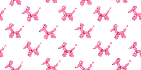 Bright pink balloon dog. Bubble animal in a shape of puppy. Vector cute seamless pattern isolated on white background.