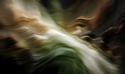An abstract blur of green, brown, and white colors with a grainy texture on a black background, generative AI