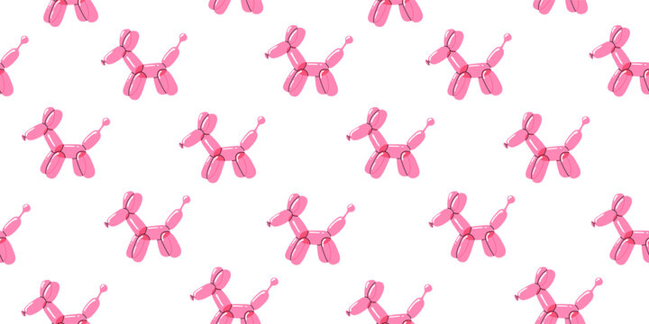 Bright pink balloon dog. Bubble animal in a shape of puppy. Vector cute seamless pattern isolated on white background.