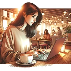 Fotobehang 「カフェの灯りの中で」 温かなカフェの光の中、集中して作業に取り組む女性の姿を描いたこの画像は、穏やかな日常の一コマを美しく切り取っています。周囲はほのかな話し声と心地よいコーヒーの香りに包まれ、どこか懐かしい感覚を呼び覚まします。 © mptmpa
