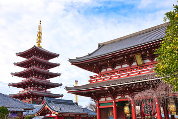 TOKYO, JAPAN - MARCH 06, 2024: Spring at Sensoji Temple's Hozomon Gate in the Asakusa District. Senso-ji was founded in 628 AD and is one of the most well known temples in the country