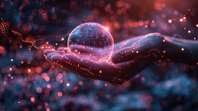 Sphere grid wave with binary code. ai artifical intelligence logo in hologrammic hand. machine learning concept - Powered by Adobe