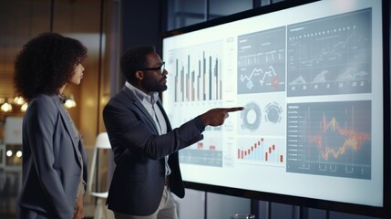 Professionals analyzing data on a large screen, engaged in strategic business planning