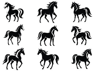 Set of Black Horse Silhouettes: Vector Illustrations, Isolated