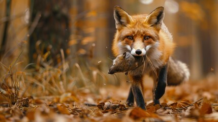 Close up photo of a red fox carrying a mouse in its mouth, against the background of an autumn pine forest