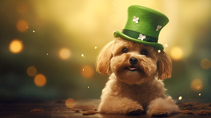
 Adorable cute funny Shepherd breed puppy dog wearing green St Patrick's Day hat
