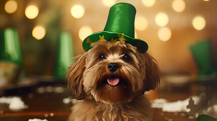 Funny Dog Wearing Saint Patrick Hat on Holiday Background,

