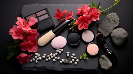 Flat lay cosmetics and makeup brushes on a black surface,Beauty Table, Cosmetic Display, Makeup Organization
