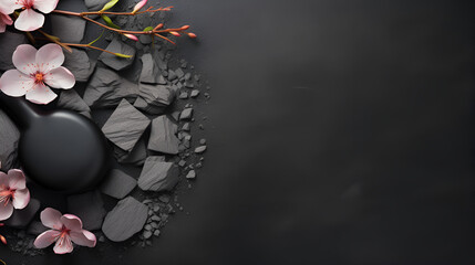 Black massage stones and spa flowers placed on black slate background,