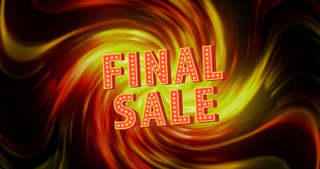 Image of final sale over rotating flames on black background