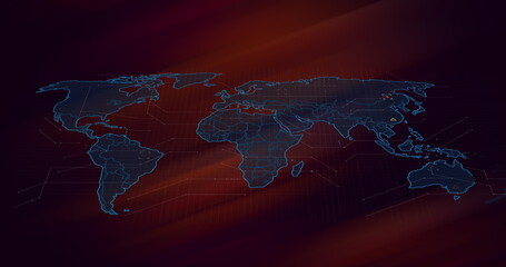 Image of world map and icons over dark red and black background